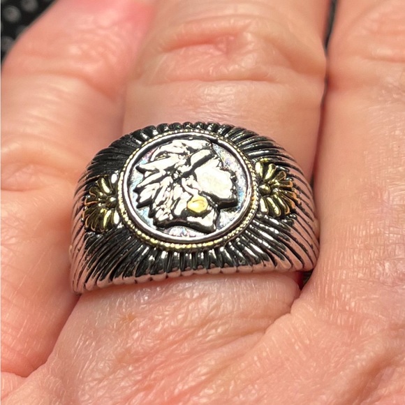 New Two Toned 925 Stamped Silver -Gold Color Native American Head Design Ring - Picture 6 of 16